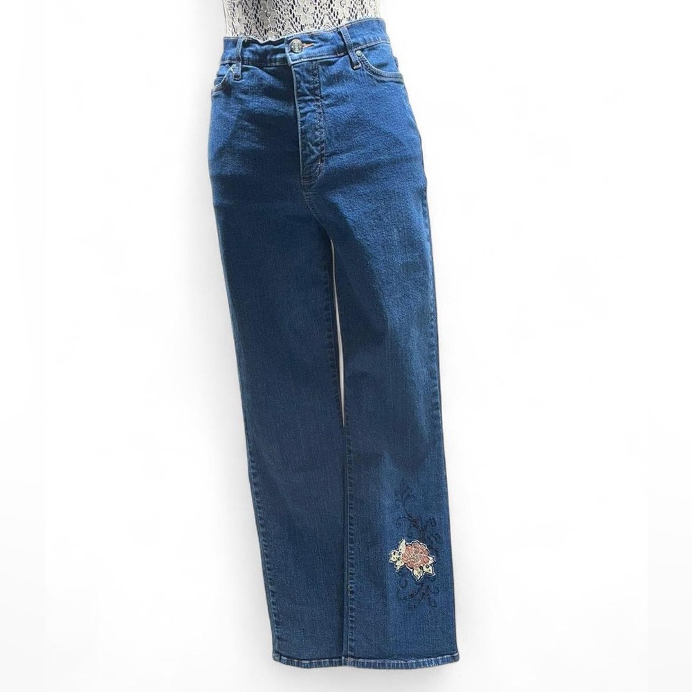 Floral Embroidered Boot Cut Jeans in Dark Blue
